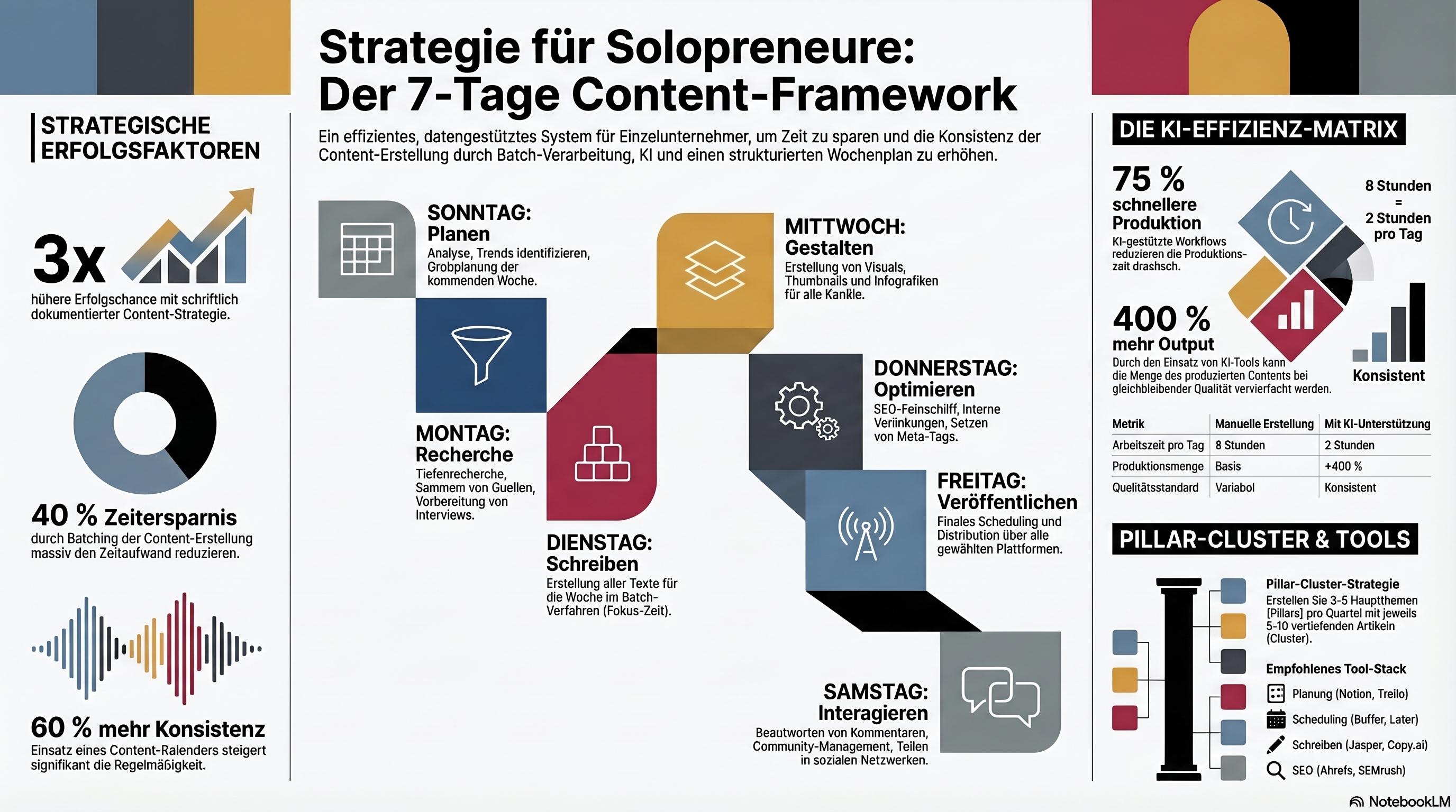 Das Solo-Inhaltskalender-Framework — Wöchentlicher Zeitplan, Statistiken & Kreislauf