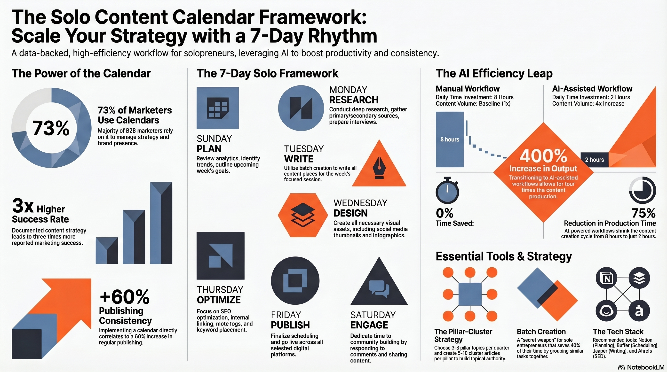The Solo Content Calendar Framework — Weekly Schedule, Stats & Circular Flow