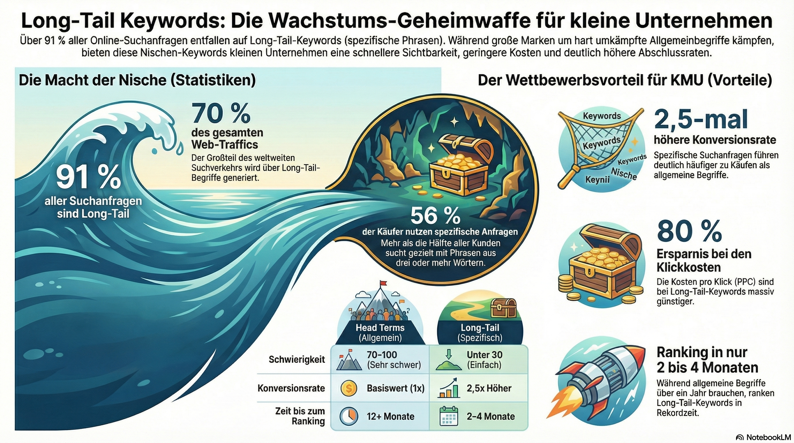 Infografik: Long-Tail-Keyword-Statistiken — 91% aller Anfragen, 2,5x Conversion-Vorteil, 70% des Suchtraffics