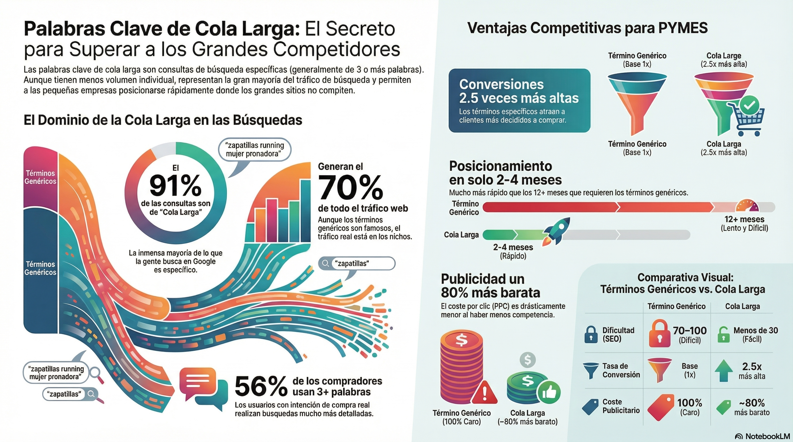 Infografía: Estadísticas de palabras clave long-tail — el 91% de consultas son long-tail, 2,5x ventaja de conversión