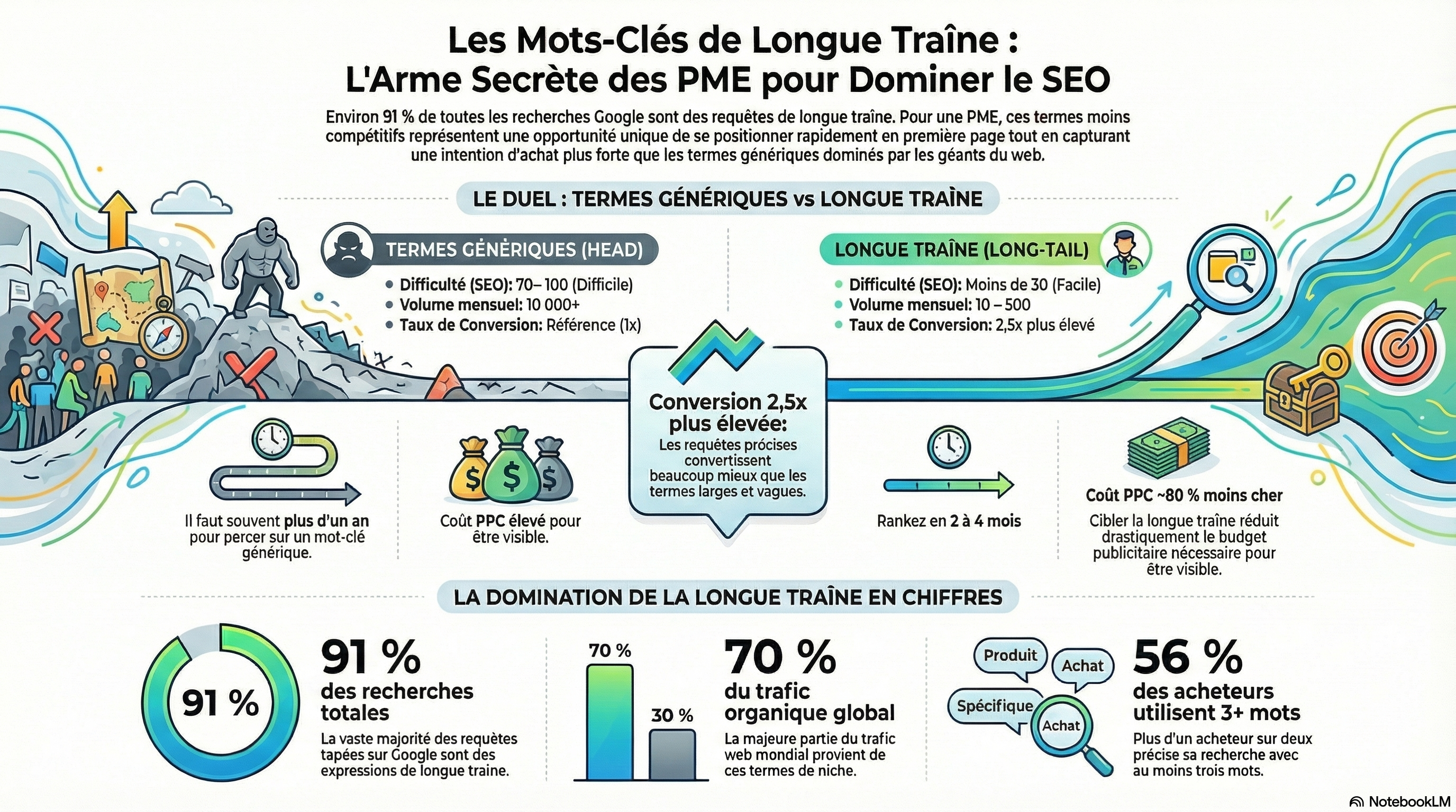 Infographie : Statistiques des mots-clés longue traîne — 91% des requêtes, 2,5x avantage de conversion, 70% du trafic