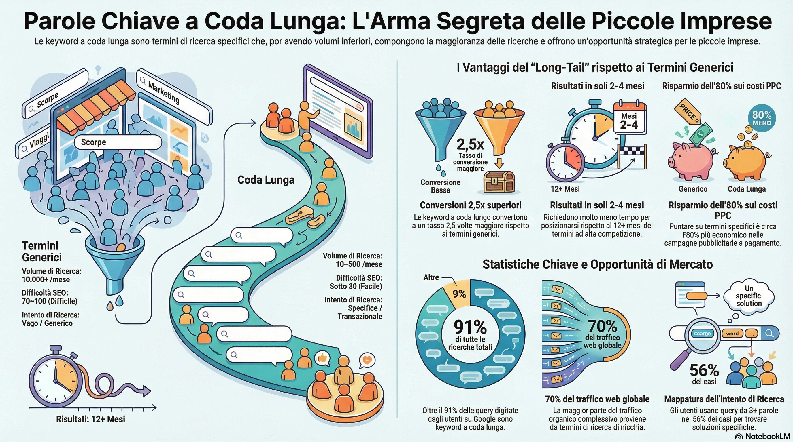 Infografica: Statistiche sulle parole chiave long tail — 91% delle query, 2,5x vantaggio di conversione, 70% del traffico