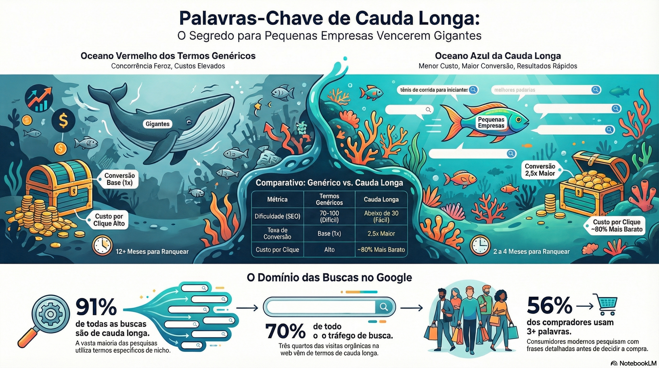 Infográfico: Estatísticas de palavras-chave long tail — 91% das consultas, 2,5x vantagem de conversão, 70% do tráfego