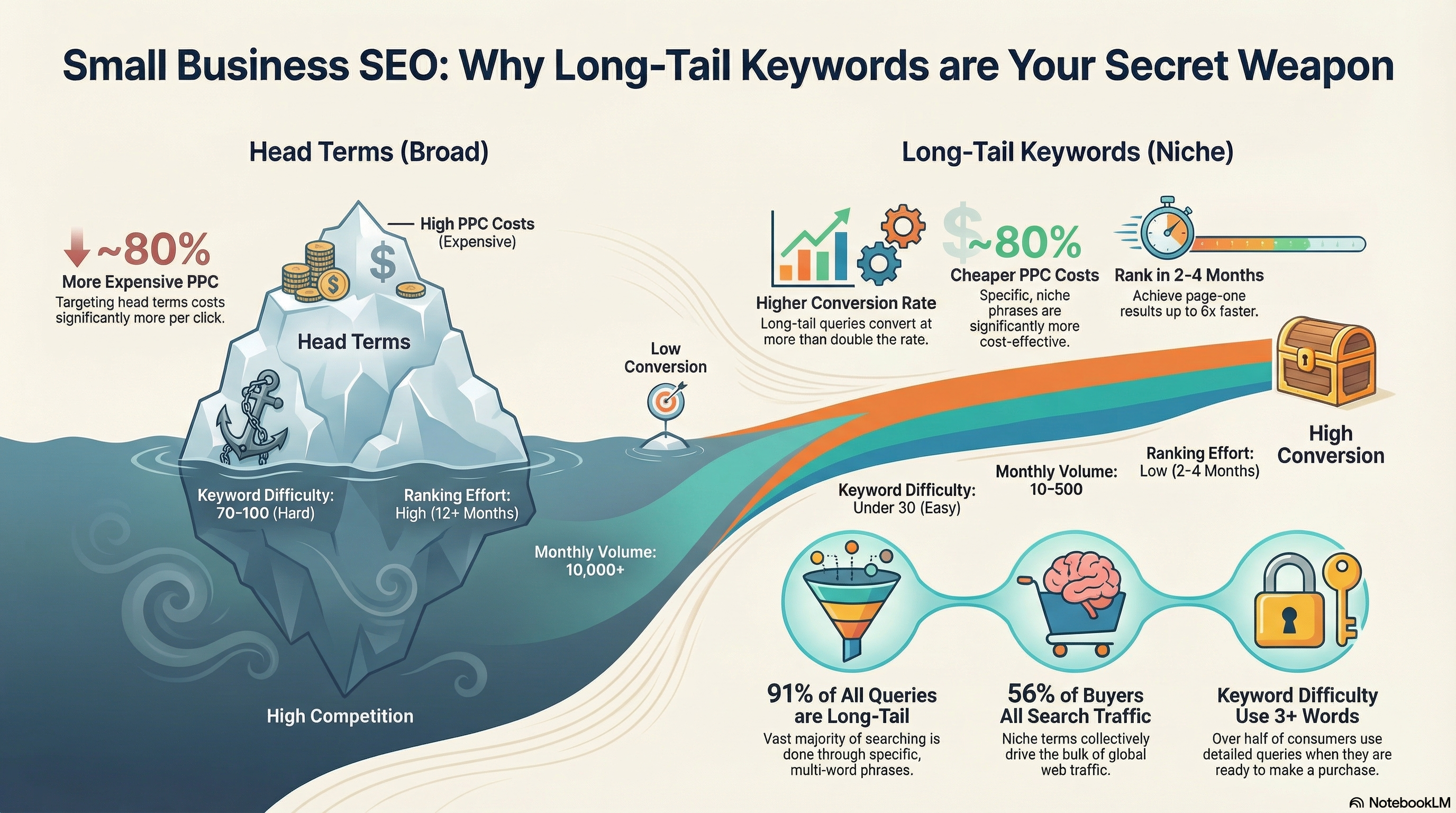 Infographic: Long-tail keyword statistics — 91% of queries are long-tail, 2.5x conversion advantage, 70% search traffic share