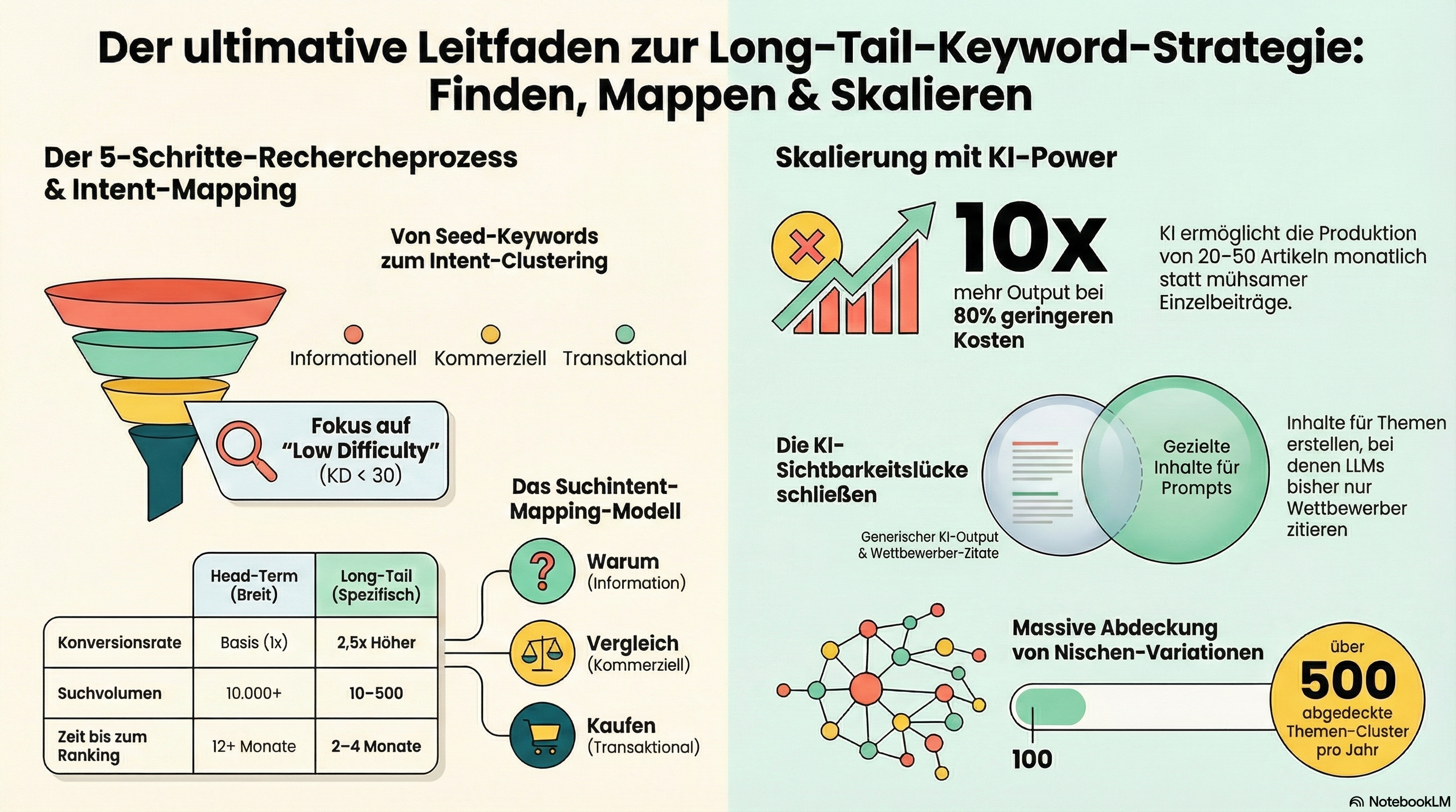 Infografik: Long-Tail-Keyword-Rechercheprozess — Keywords finden, Suchintention, Content-Gap-Analyse und KI-Skalierung