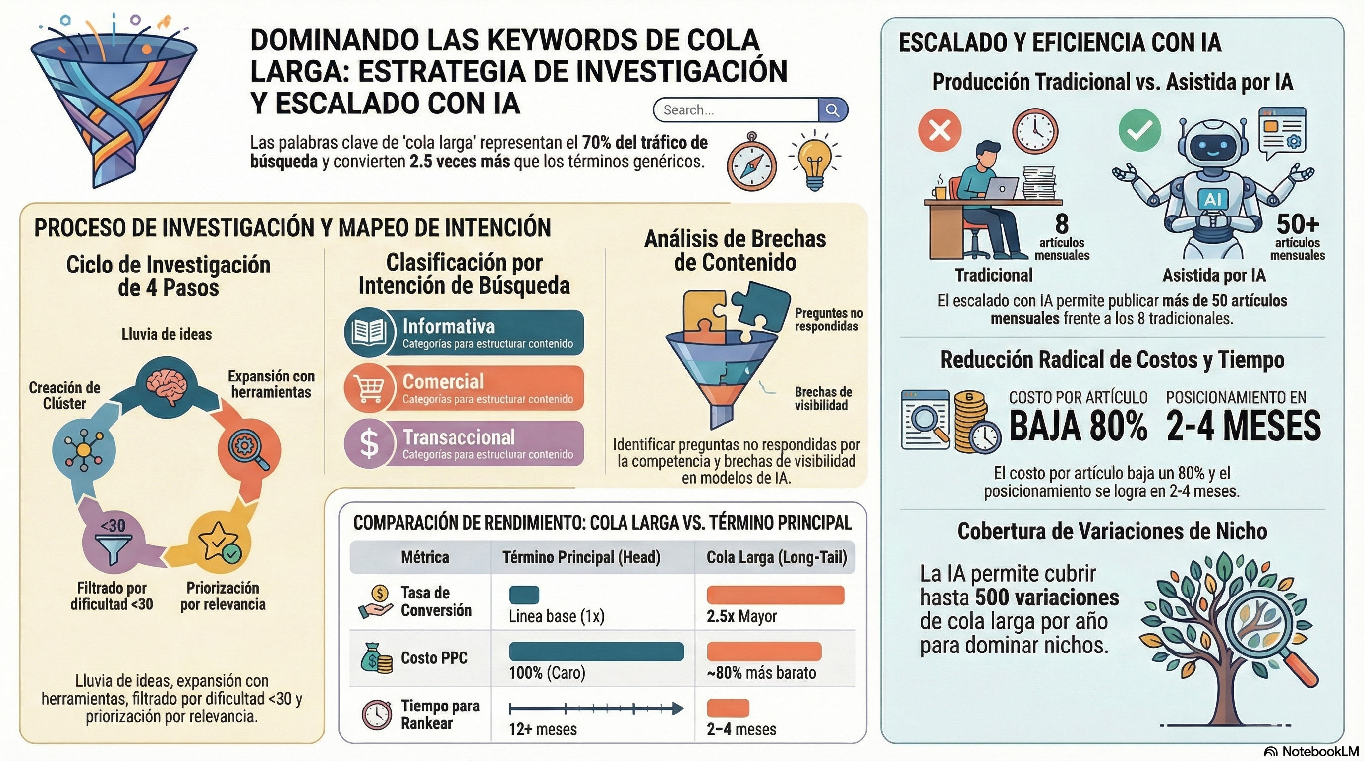 Infografía: Proceso de investigación de palabras clave long-tail — métodos, intención de búsqueda, análisis y escalado con IA