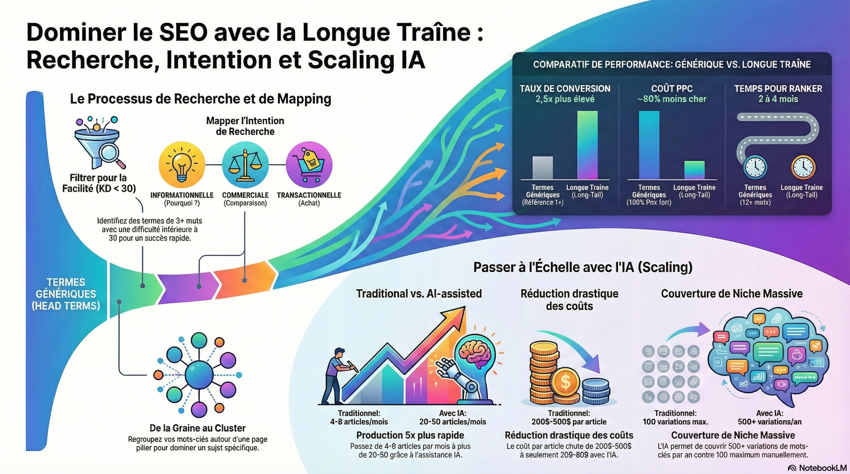 Infographie : Processus de recherche de mots-clés longue traîne — méthodes, intention, analyse et mise à l'échelle IA