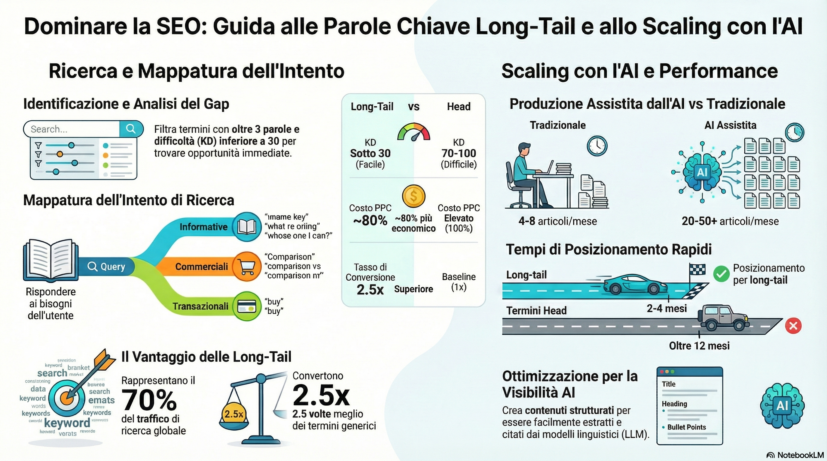 Infografica: Processo di ricerca parole chiave long tail — trovare keyword, intenzione di ricerca, analisi lacune e scalabilità IA