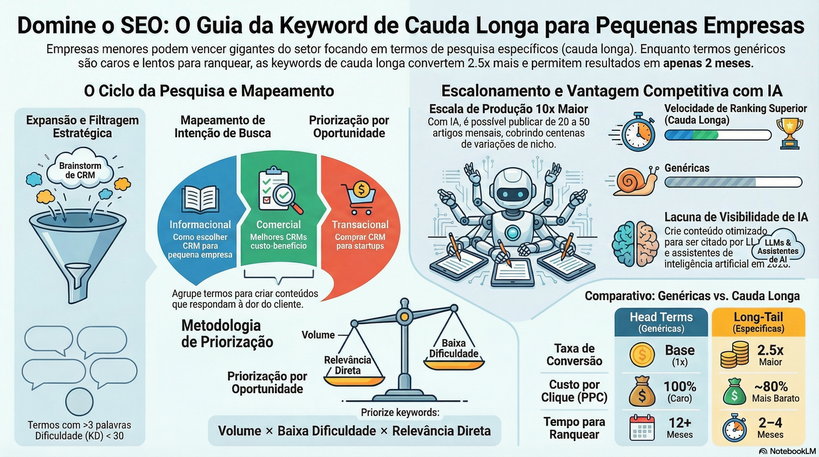 Infográfico: Processo de pesquisa de palavras-chave long tail — keywords nicho, intenção de busca, análise de lacunas e escalabilidade com IA