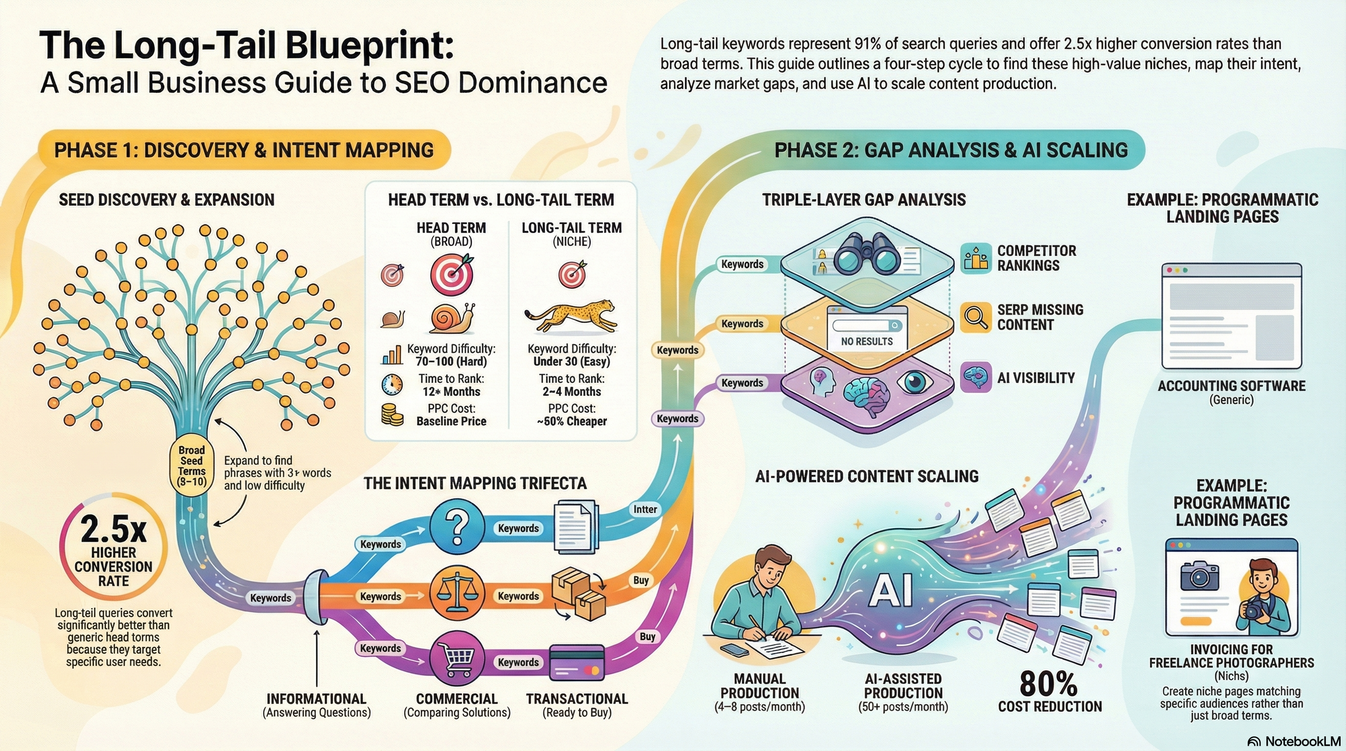 Infographic: Long-tail keyword research process — finding keywords, mapping search intent, content gap analysis, and AI-powered scaling