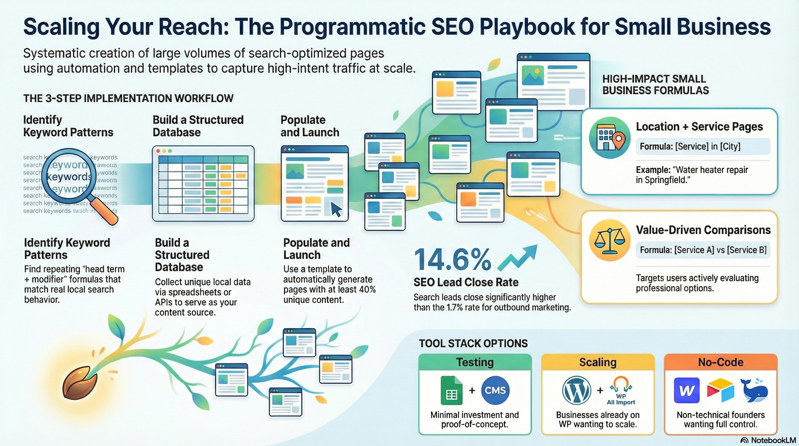 Infographic: How programmatic SEO works — template + data = hundreds of optimized pages