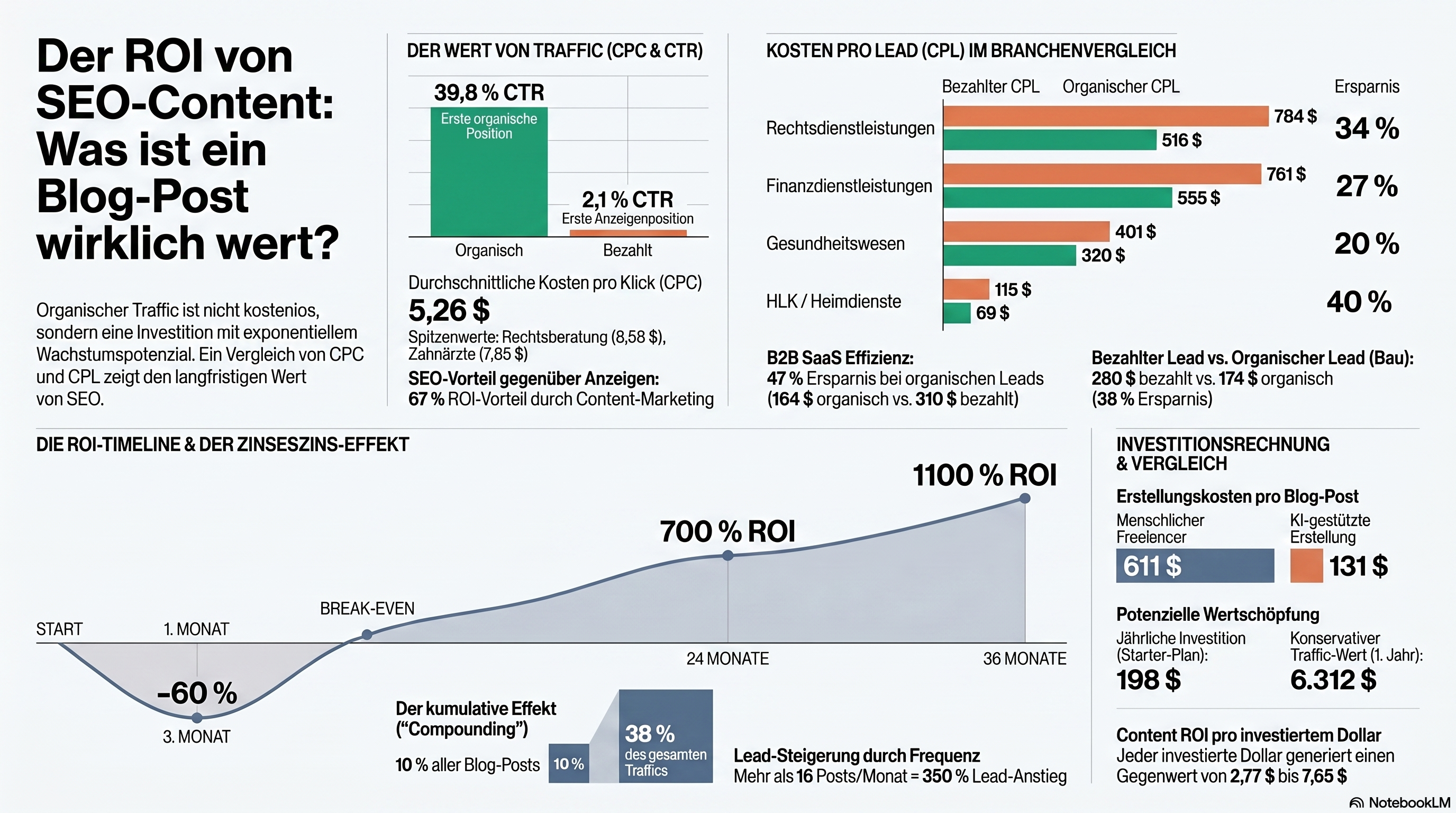 Infografik zur Traffic-Wert-Berechnung: CPC nach Branche, Vergleich organisch vs bezahlt CTR und Beispiel-ROI einer Zahnarztpraxis