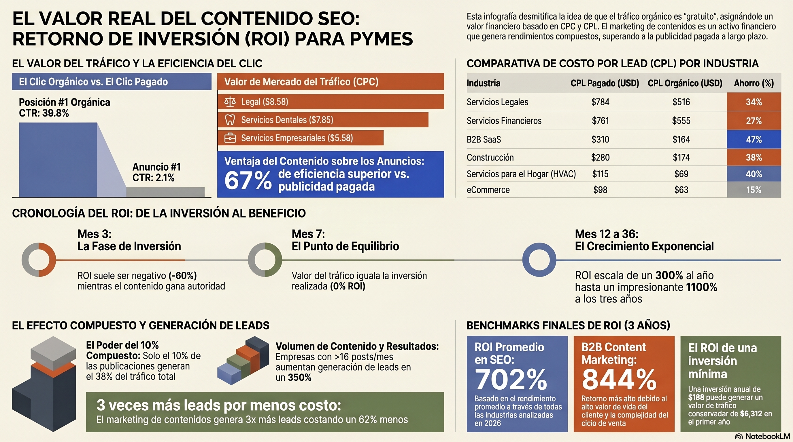 Infografía del cálculo de valor de tráfico mostrando CPC por industria, comparación de CTR orgánico vs de pago, y ejemplo de ROI para una clínica dental
