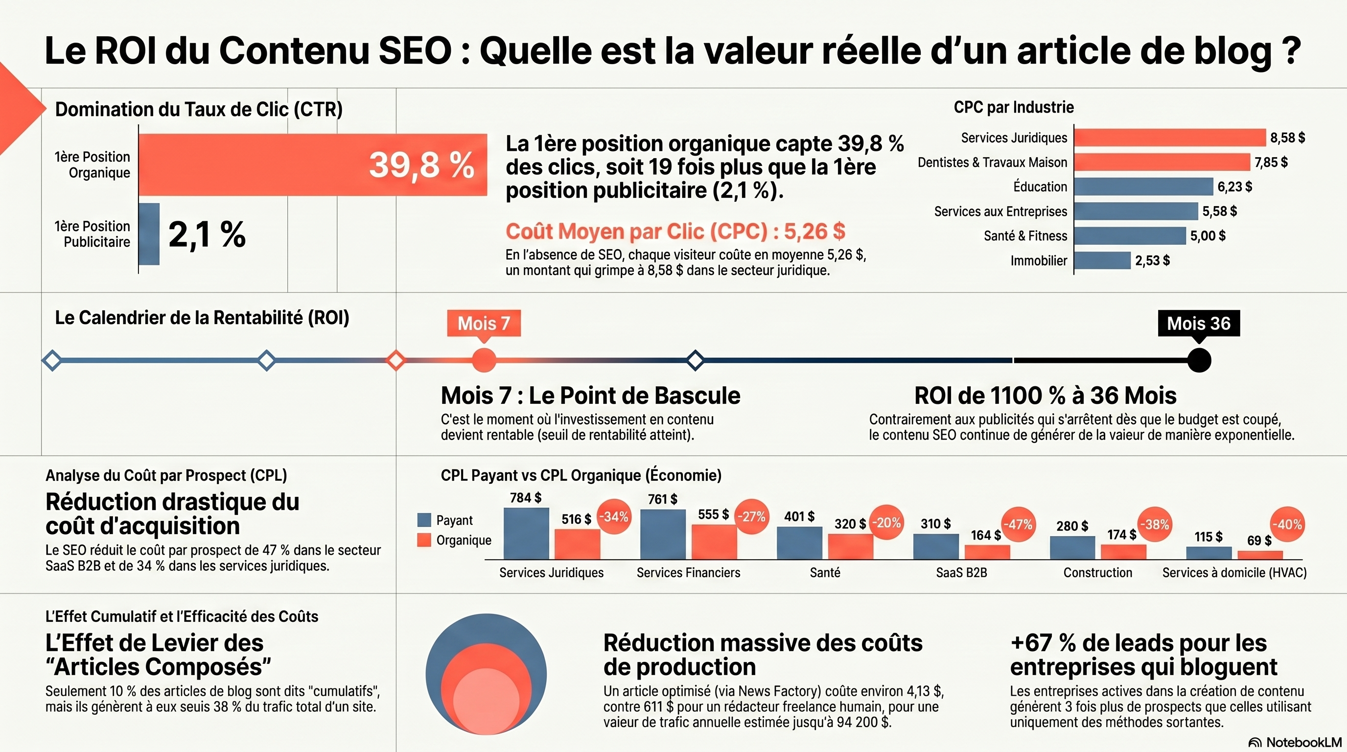 Infographie du calcul de valeur du trafic montrant le CPC par secteur, la comparaison du CTR organique vs payant, et un exemple de ROI pour un cabinet dentaire