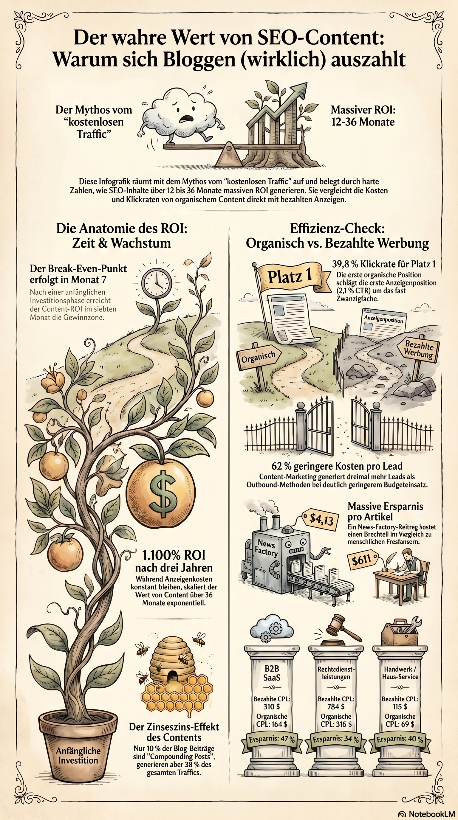 Infografik zum Lead-Generierungs-Vergleich: Kosten pro Lead nach Branche für organische vs bezahlte Kanäle, mit Content-Marketing-ROI-Zeitverlauf