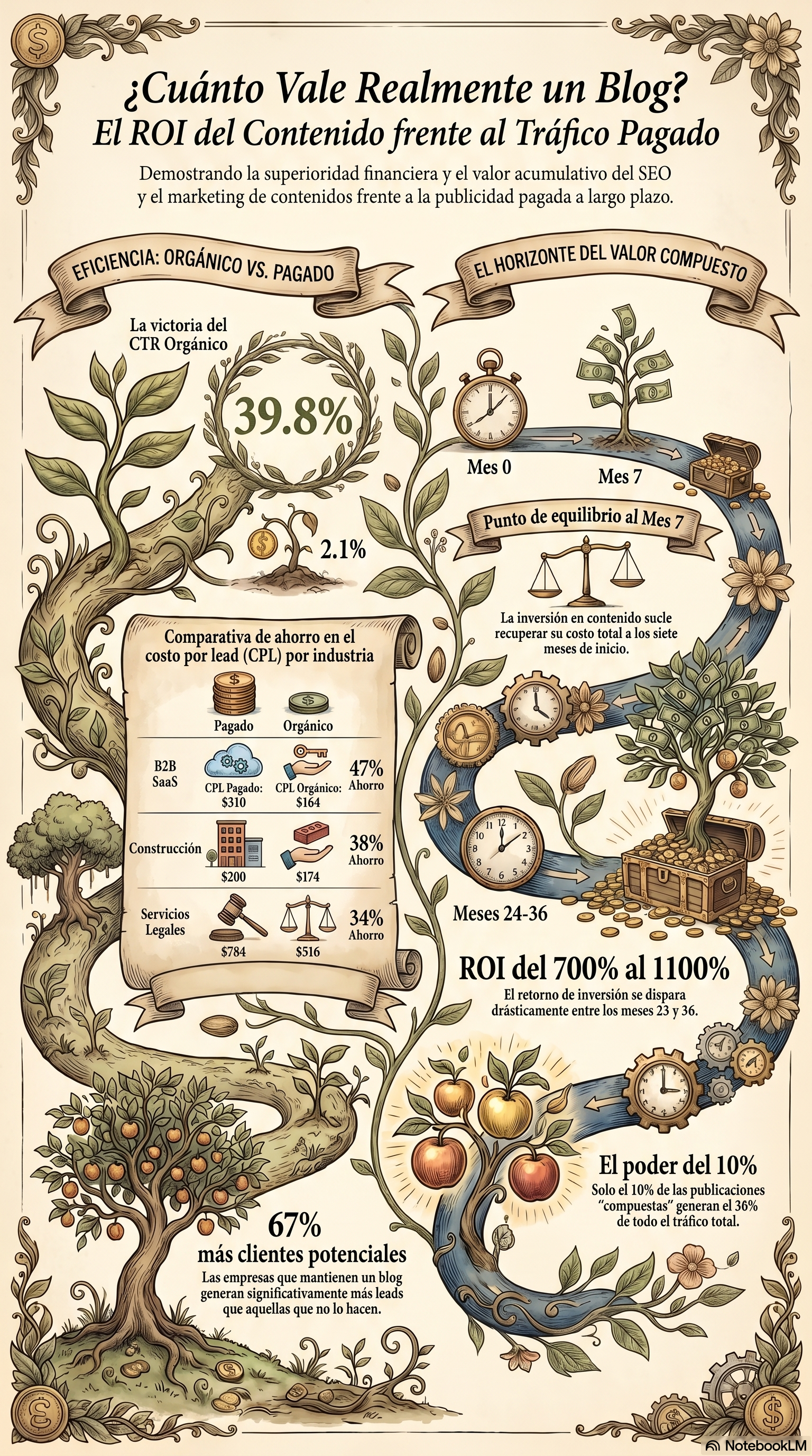 Infografía comparativa de generación de leads mostrando coste por lead por industria para canales orgánicos vs de pago, con cronología del ROI del marketing de contenidos