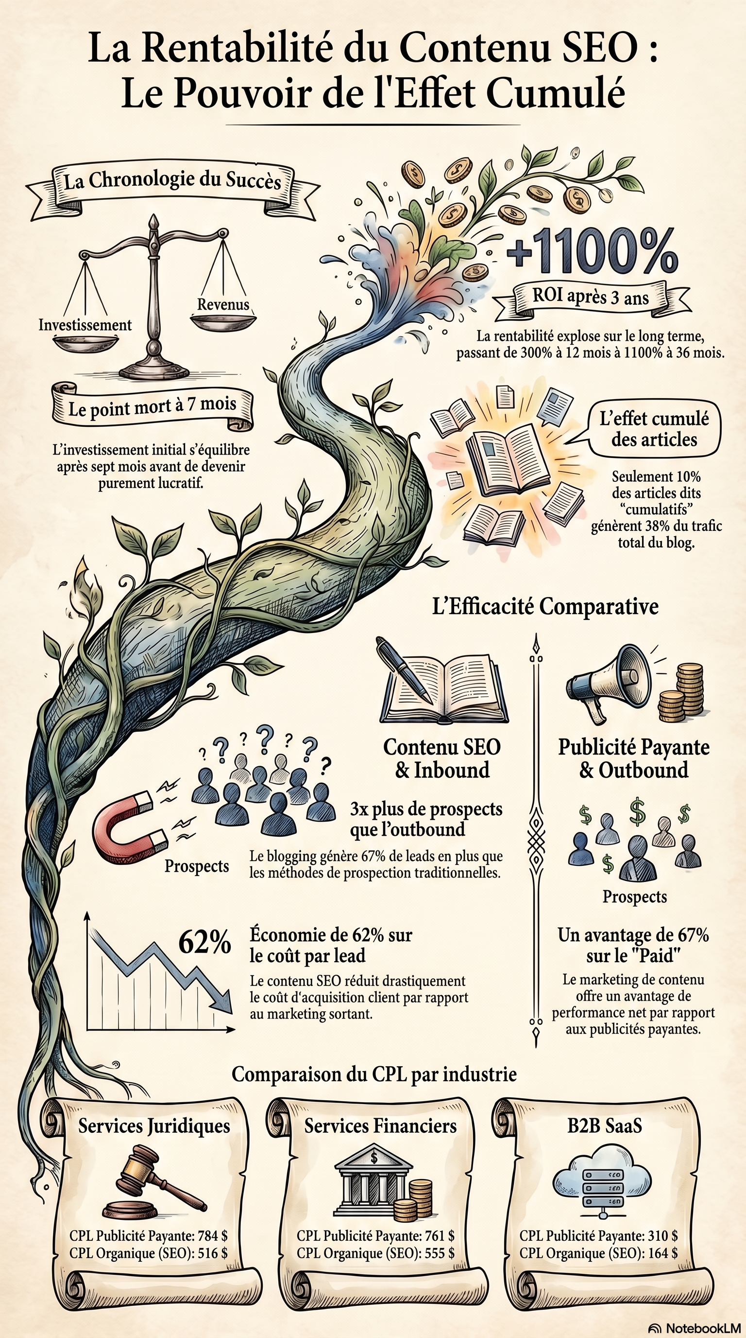 Infographie comparative de génération de leads montrant le coût par lead par secteur pour les canaux organiques vs payants, avec chronologie du ROI du marketing de contenu
