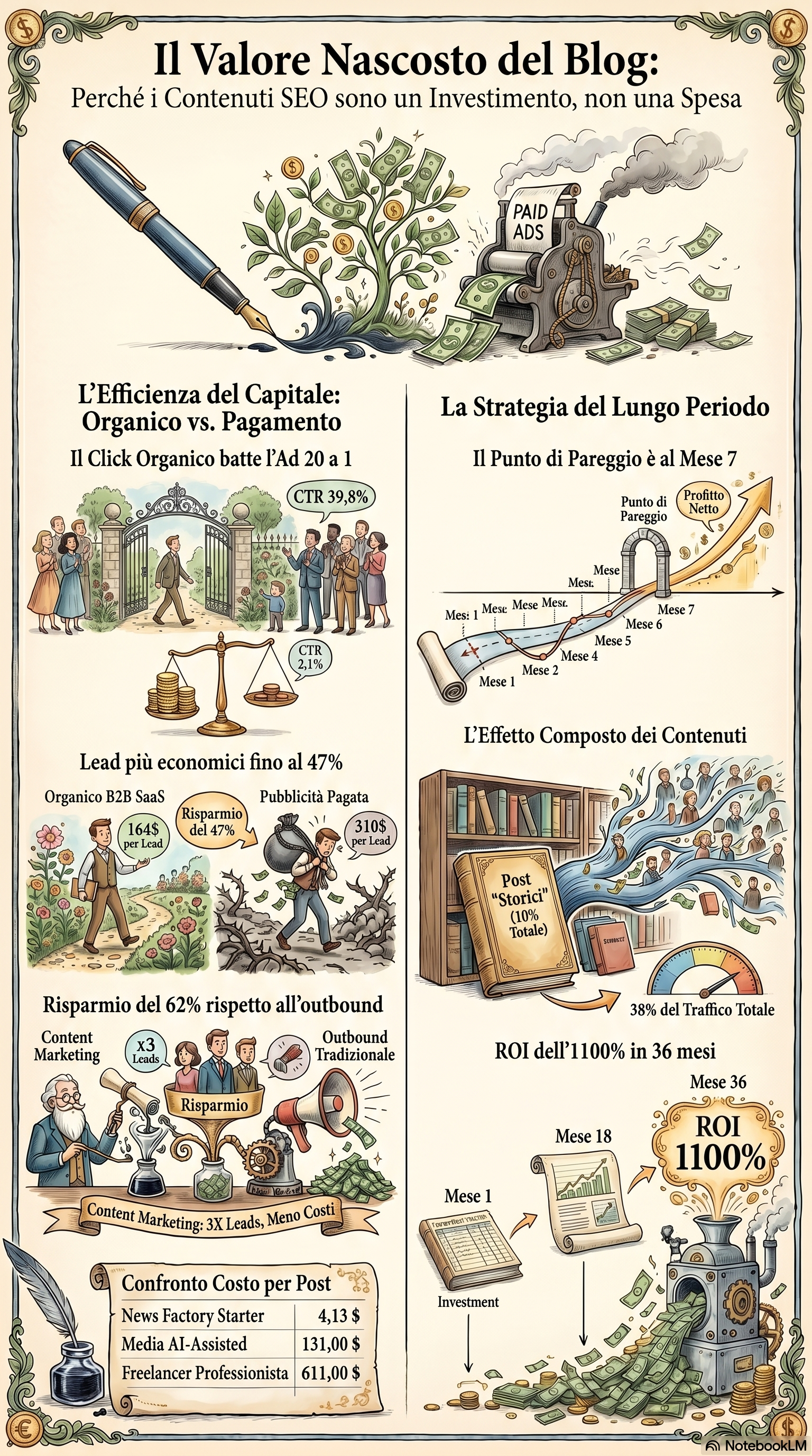 Infografica di confronto sulla generazione di lead che mostra il costo per lead per settore per canali organici vs a pagamento, con cronologia del ROI del content marketing