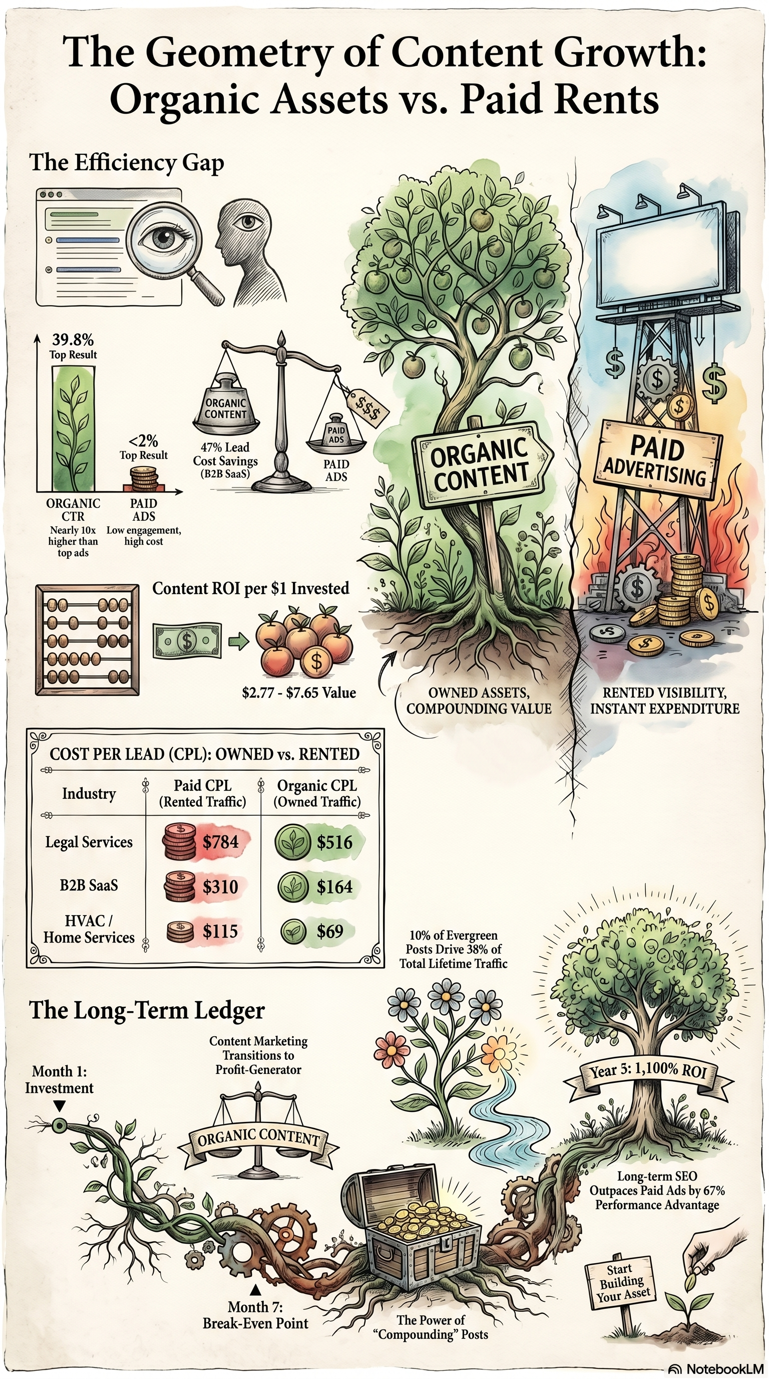 Lead generation comparison infographic showing cost per lead by industry for organic vs paid channels, with content marketing ROI timeline